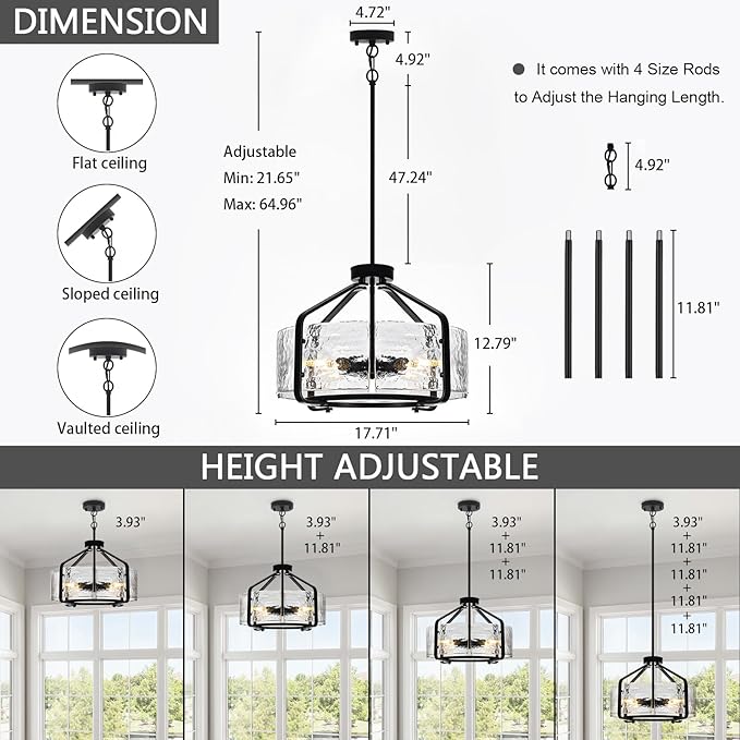 Luupyia 17.7 Inches Glass Drum Chandelier Black, 4Lights Modern Glass Chandelier, Height Adjustable Drum Chandeliers Crystal Pendant Light Dining Room Kitchen Entryway Chandeliers for Foyer