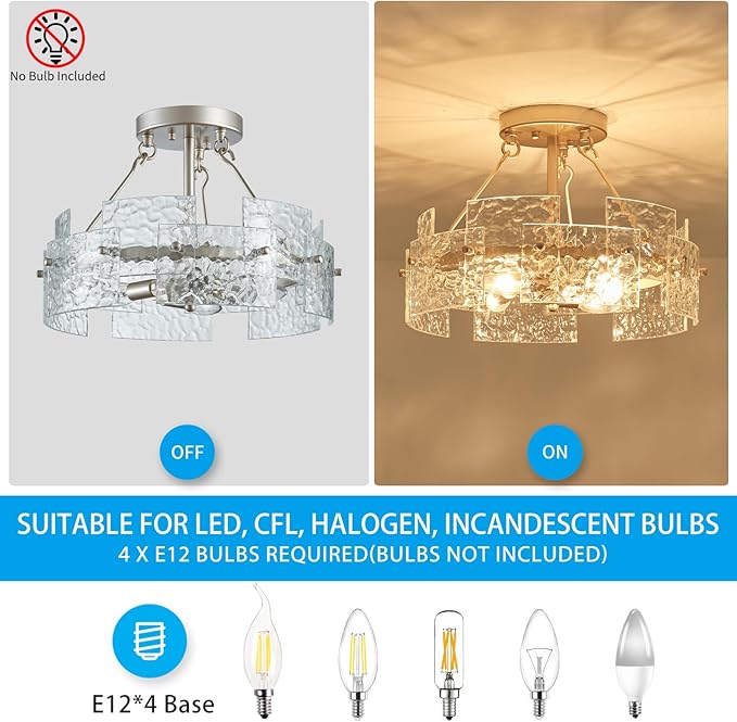 XINGQI Drum Ceiling Lights for Dining Room 4-Light Modern Farmhouse Water Ripple Glass Sliver Ceiling Lighting Fixture 15.7" Bedroom Living Room Hallway Entryway