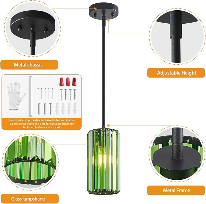 Modern Crystal Pendant Light Mini Dark Green Chandeliers Adjustable Pendant Lights Fixture for Kitchen Island Dinning Room Corridor Bedroom(Dark Green 1-Pack)