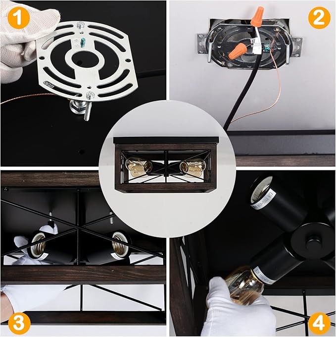 eyassi Wooden Flush Mount Ceiling Light, 4-Light Rustic Farmhouse Light Fixtures, Industrial Square Ceiling Light Fixture with E26 Socket for Kitchen Entryway Living Room Dining Room Bedroom