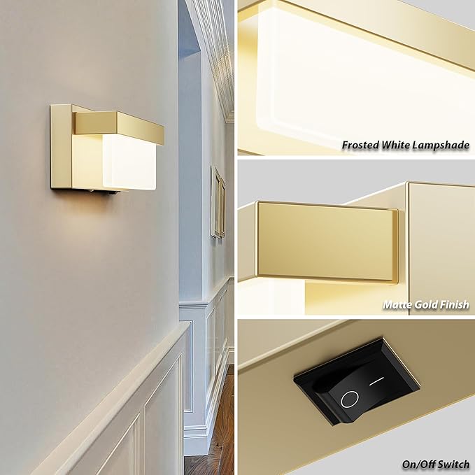 Wall Sconce Champagne Gold Wall Light with On/Off Switch 8 inch LED Wall Lamp Acrylic Lampshade 4000K Sconce Wall Lighting