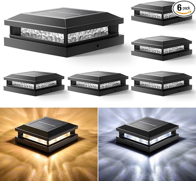 Bosceos Solar Post Cap Lights 6-Pack, 2 Modes 16LEDs Bright Solar Post Lights Outdoor Waterproof, Fence Posts Cap Light, Deck Light for 4x4 4.5x4.5 5x5 Posts for Patio Garden Decor, Black