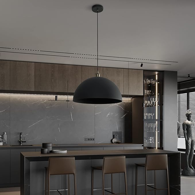 Vintage Black Pendant Light 17.72'' Retro Farmhouse Large Dome Pendant Lamp Modern Industrial Chandelier for Wire length 78.74 '' for Kitchen Island, Bedroom, Dining Room, Living Room, Hallway