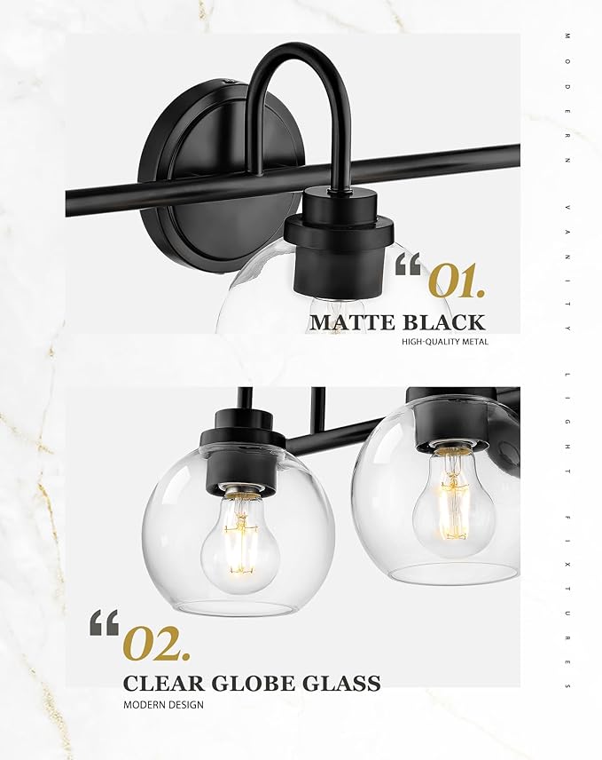 Bathroom Light Fixtures, 3-Light Matte Black Vanity Lights with Globe Clear Glass, Modern Vanity Lighting Fixtures Over Mirror, AD-22280-3W-BK