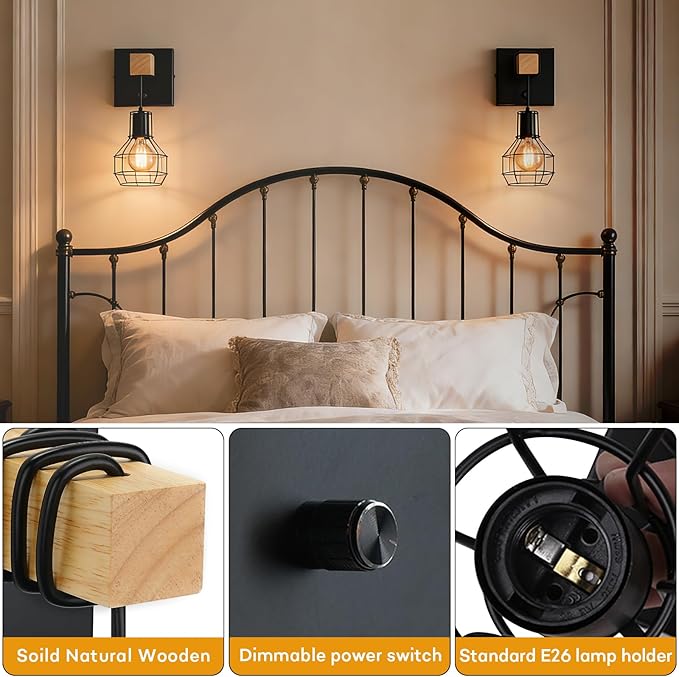 Black Wall Sconces with Dimmer ON/Off Switch, Cage Wall Mount Light Fixture Industrial Farmhouse Lighting for Living Room Kitchen, C71Y215