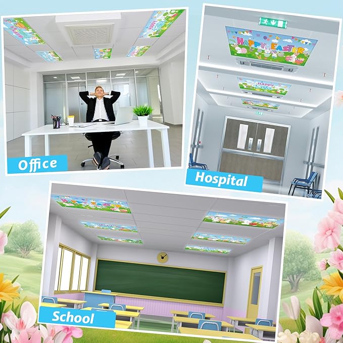 8 Pcs Fluorescent Light Covers for Classroom Ceiling Light 4 x 2 Feet Magnetic Lights Covers Filter Easy Install for Office Hospitals Home Supplies(Easter Eggs Bunnies)