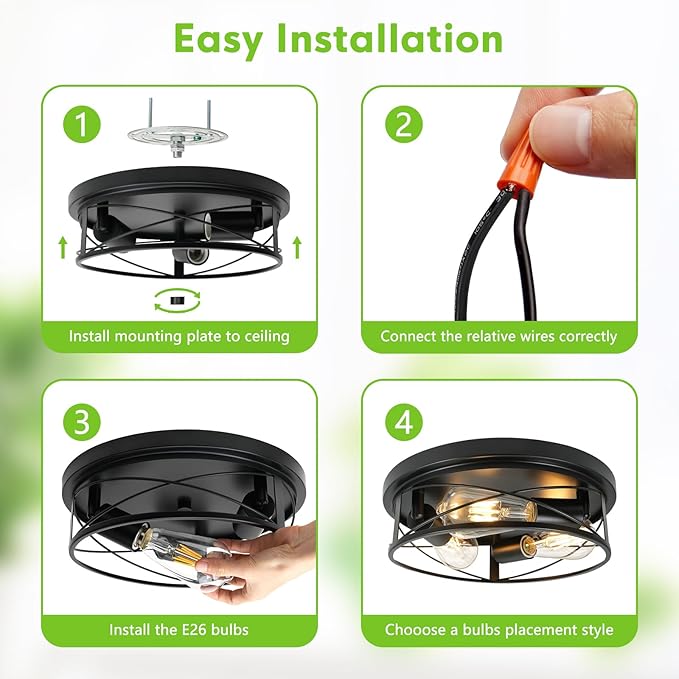 2 Pack Farmhouse Ceiling Light - 12 Inch Big Dimmable Rustic Black Flush Mount E26 Industrial Ceiling Modern Led Light for Hallway Bathroom Kitchen Bedroom (Black, 12 Inch)