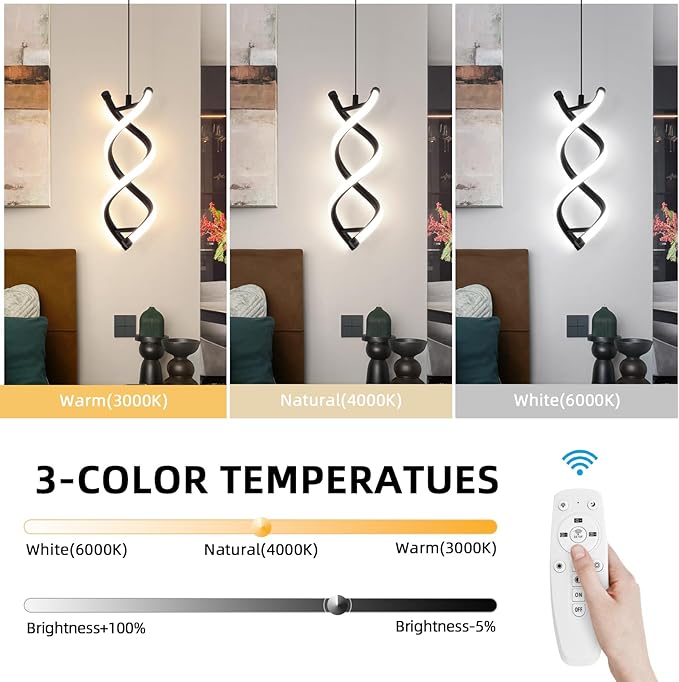 CANEOE Spiral Led Pendant Light Fixtures,3000K-6000K Dimmable Modern Integrated LED Pendant Lamp, Adjustable Height Kitchen Hanging Light Fixture for Living Room Bedroom Kitchen Sink, 1 Pack (Black)