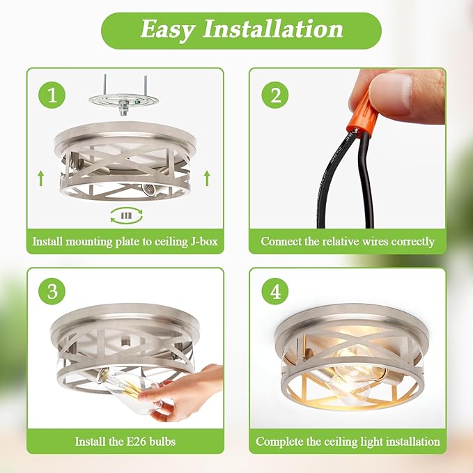 2-Light Flush Mount Ceiling Light Fixture, Farmhouse Ceiling Lights for Kitchen, Modern Black Close to Ceiling Light for Hallway Bedroom Balcony Porch Stairway, E26 (Silver, 1 Pack)