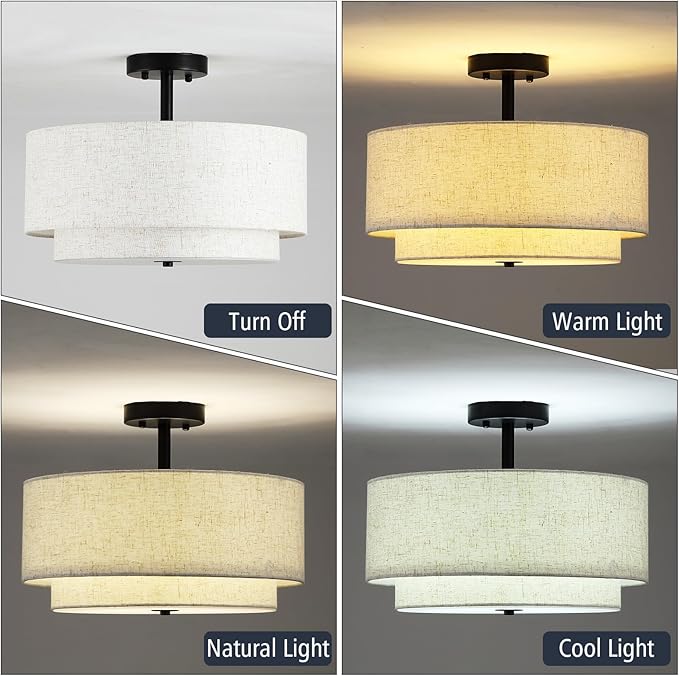 16" Semi Flush Mount Ceiling Light Fixture, 3-Light Gold Flush Mount Ceiling Light with Double Drum Linen Shades for Entryway Dining Room Bedroom Kitchen Hallway Living Room, E26 Socket