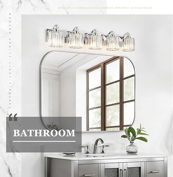 5-Light Modern Bathroom Light Fixture Chrome Vanity Lights Over Mirror Wall Sconce Lighting with K9 Crystal Shades Bathroom Wall Lamp E26 Base for Bedroom, Living Room, Hallway