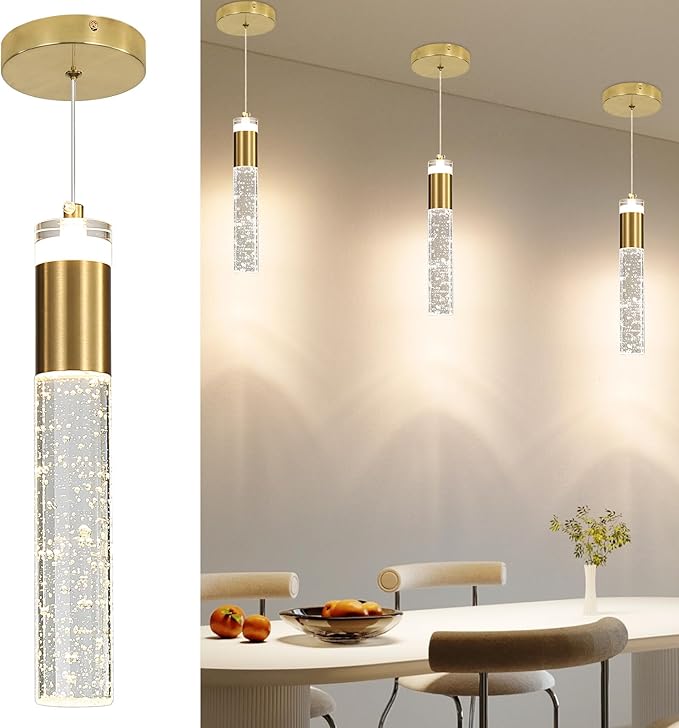 Modern Kitchen Island Pendant Lights, Gold Bubble Crystal Ceiling Hanging Light, 3 Color 2700K/4500K/6500K, Mini Linear LED Chandelier Lighting for Dining Room, Bedroom, Bar, Hallway, Bedside