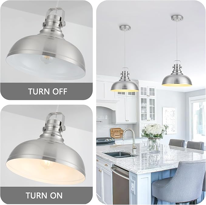 Refice Brushed Nikcel Farmhouse Pendant Lights Industrial Pendant Lighting for Kitchen Island Adjustable Height Dome Hanging Lights for Barn, Dining Room 3 Packs