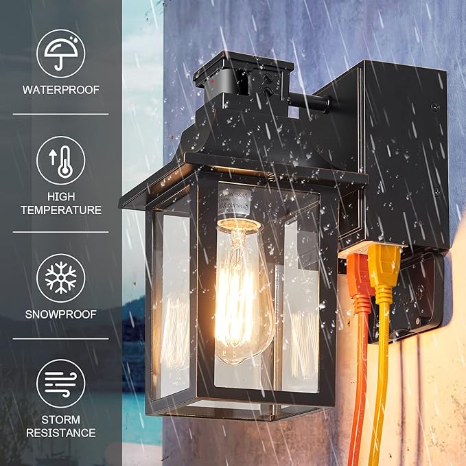 Porch Lights with GFCI Outlet,Dusk to Dawn Motion Sensor Outdoor Lights,3 Light Modes Black Front Door Lights,Waterproof Outside Wall sconces for House Patio Garage (2 Pack)