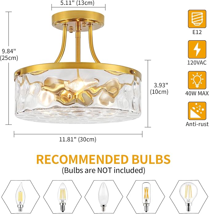 11.81" Modern Gold Semi Flush Mount Ceiling Light Hammered Glass Hallway Light Fixtures Entryway Light Fixture 3-Light Lighting Fixtures for Kitchen Island Dining Room Bedroom Laundry Room Lighting