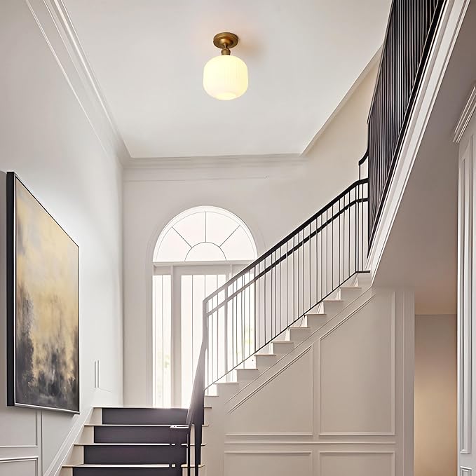 Pathson Vintage Flush Mounted Ceiling Light with Milk White Glass, Brushed Brass Modern Ceiling Lamp Fixture for Farmhouse Hallway Foyer Loft Living Room Bedroom
