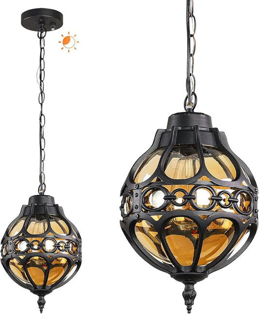 Dusk to Dawn Rust proof Outdoor Pendant Lights,Waterproof Aluminum Black Sphere Outdoor Chandelier for Porch,Gazebo,Vintage Exterior Hanging Pendant Light Fixtures with Adjustable Chain,with Sensor