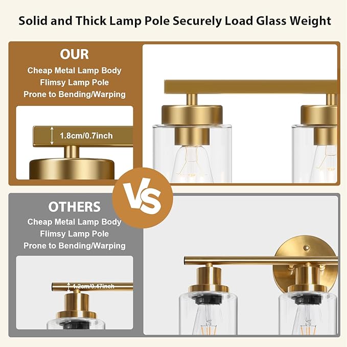 IZORRO Modern Bathroom Light Fixtures, 4 Light Brushed Gold Vanity Lights, Bathroom Lighting Fixtures Over Mirror with Clear Glass for Living Room Cabinet Bedroom