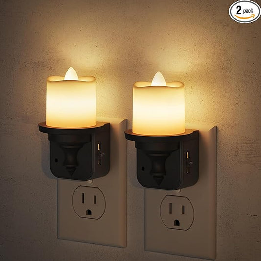 JandCase Flameless Candle Night Light, 2 Pack Night Lights Plug into Wall, 3000K Soft White, 0-100LM Dimmable Nightlight, Dusk to Dawn Sensor Light for Dinning Room, Living Room, Bathroom, Hallway