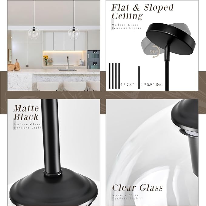 7 Inch Matte Black Modern Pendant Lights Kitchen Island Mid Century Modern Pendant Light Fixtures with Clear Glass Globe Modern Hanging Pendant Light for Bathroom Bedroom （Bulb Incl）