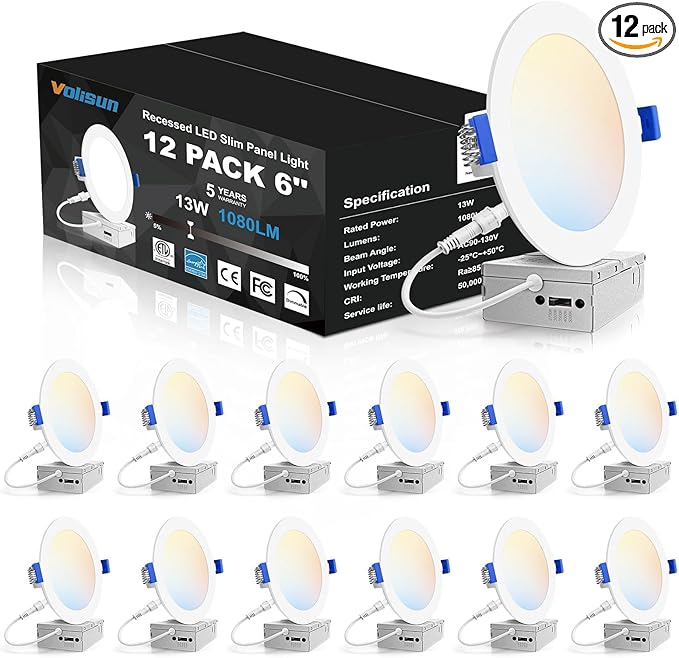 VOLISUN 12 Pack 6 inch Recessed Lighting, 5CCT LED Recessed Light with Junction Box, 2700K-5000K Selectable, 13W Eqv 120W, 1080LM Dimmable Canless Wafer Downlight, LED Ceiling Light ETL Certificated