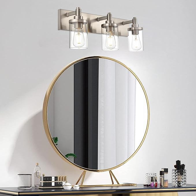 Modern Bathroom Vanity Lights,3-Lights Wall Sconce Lighting E26 Base Brushed Nickel Industrial Wall Light with Clear Glass Shade Bathroom Light Fixtures for Mirror Bedroom Kitchen Hallway