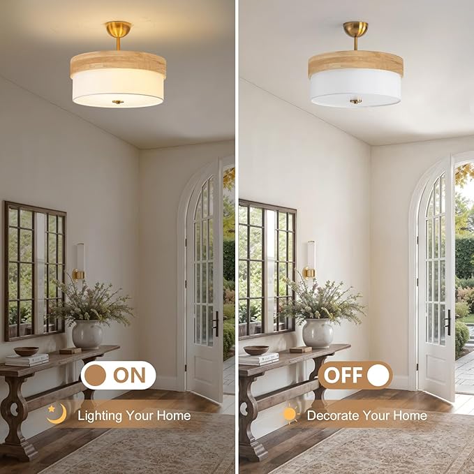 Bargeni 16 Inch Semi Flush Mount Ceiling Light, Modern Wood Drum Ceiling Light Fixture with Fabric Shade, Gold Light Fixtures Ceiling Mount for Living Room, Bedroom, Kitchen, Dining, Hallway,Entryway