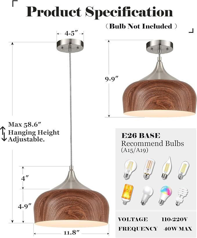 ELYONA Brushed Nickel Pendant Light Wooden Pattern Dome Pendant Light Fixture Nickel Metal Modern Adjustable Hanging Lighting for Kitchen Island Dining Room Office Hallway Foyer Bedroom, 12 Inch