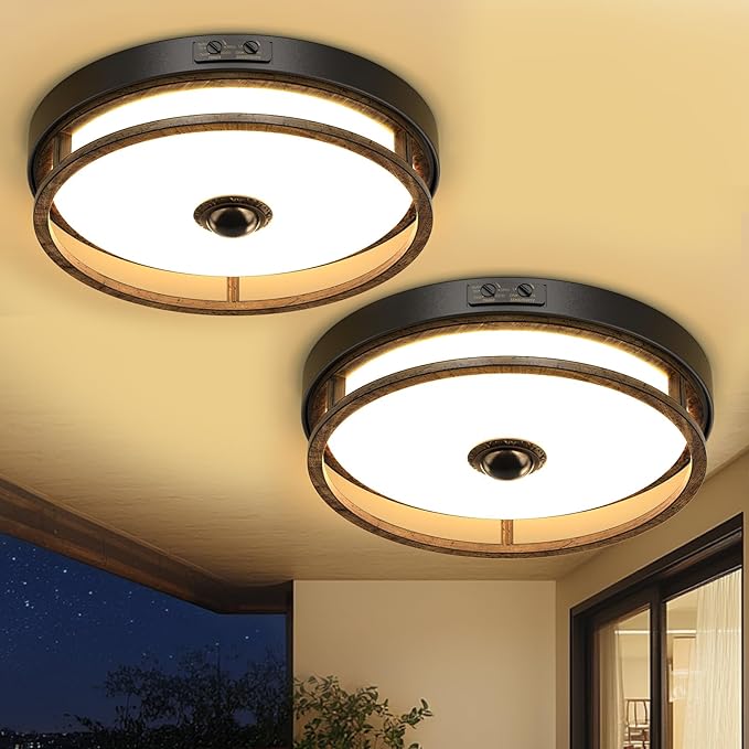 Motion Sensor Outdoor Ceiling Light, 2 Pack Outdoor Flush Mount LED Farmhouse Ceiling Light Fixtures, 12" Dusk to Dawn Porch Lights for Ceiling, Rustic Ceiling Lamp for Entryway, Garage
