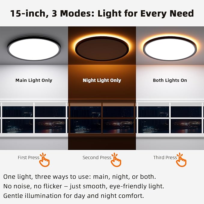 15 Inch LED Flush Mount Ceiling Light with Night Light, 30W 3000LM, 5CCT-2700K/3000K/4000K/5000K/6500K & Dimmable, Black Round Ceiling Light for Bedroom, Kitchen