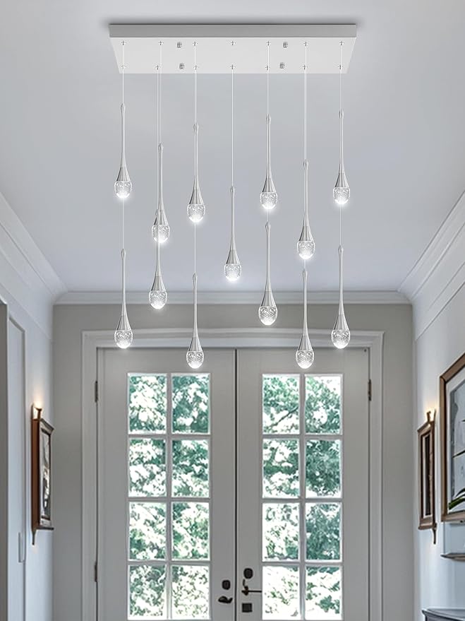 ykolupty Modern Rectangular Chandelier,14 Lights Silver Raindrop Chandelier Lighting,Industrial Linear Pendant Ceiling Light Fixture for Dining Living Room Kitchen Island