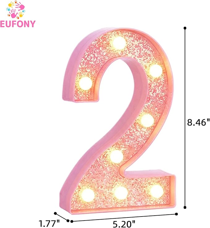 Pink Light Up Marquee Numbers, Glitter LED Number Lights Sign Battery Operated for Girls 2nd Pink Birthday Party Table Decorations, 2026 Graduation Decor, 8 Inch Number 2 with Warm White Lights