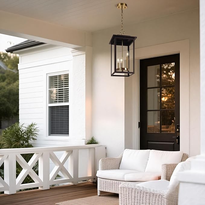 LamQee Large Outdoor Pendant Lights, 3-Lights Black and Gold Outdoor Chandelier Lighting Fixture, Modern Exterior Ceiling Hanging Lantern with Glass, for Porch Front Door Patio Gazebo Entryway Foyer