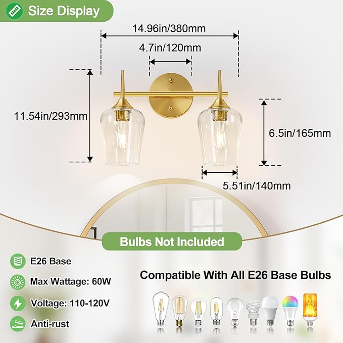 MOKATNG 2-Light Bathroom Light Fixtures, Gold Vanity Lights for Bathroom with Clear Glass, Bathroom Lighting Fixtures Over Mirror, Modern Wall lamp for Cabinet Hallway