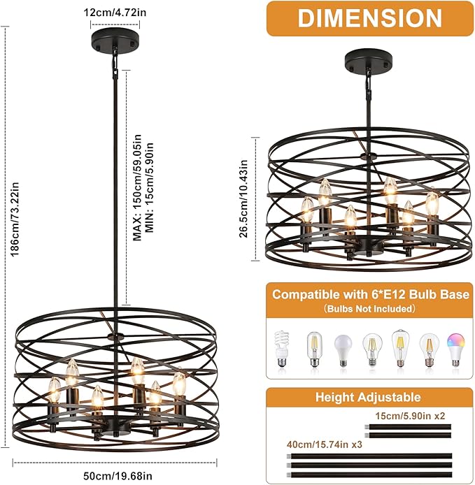 WILON 6-Light Pendant Lights Kitchen Island,19.68'' Spiral Cage Pendant Lights,Adjustable Black Industrial Pendant Light Fixtures Retro Lighting for Kitchen Island, Living Room, Bedroom