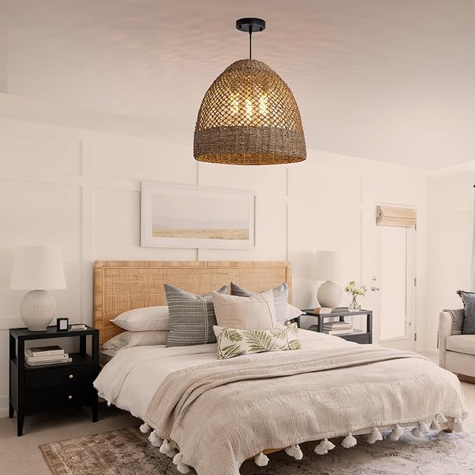 18.9" Farmhouse Rattan Pendant Light Fixture 3-Lights Costoal Chandelier Boho Hand Woven Wicker Hanging Light Fixture for Kitchen Island Living Room Bedroom Dining Room Foyer Restaurant Coffee