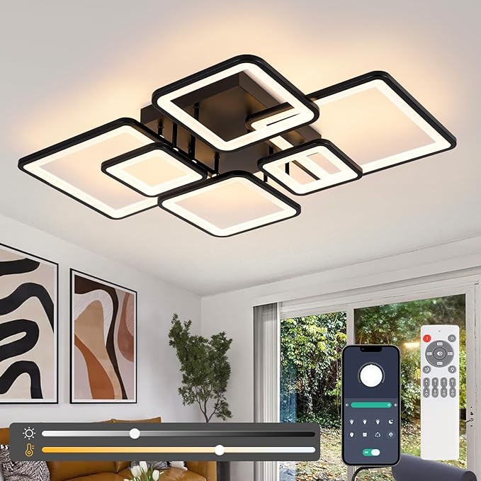 31.5''Dimmable Modern LED Ceiling Light Black 6Rings Square Ceiling Lamp 3000K-6500K Flush Mount Ceiling Lightwith Remote for Dining Room, Kitchen, Living Room