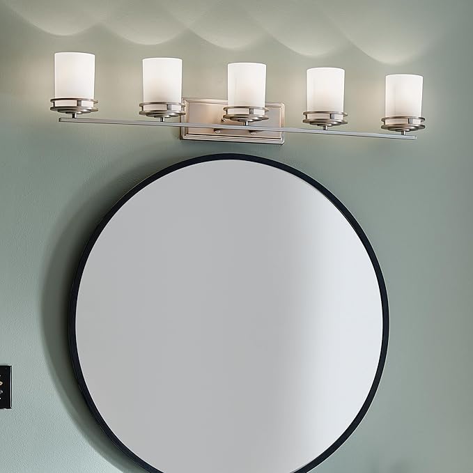 Kichler Hendrik 43" Vanity Light in Brushed Nickel, 5-Light Modern Bathroom Vanity with Satin Etched Cased Opal Glass, (43" W x 7.75" H), 5085NI