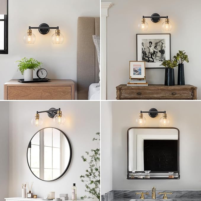Bathroom Light Fixtures,2-Light Modern Bathroom Vanity Light,Black and Gold Wall Sconce with Clear Glass Globe Shades,Adjustable Brightness Wall Lights for Kitchen,Bedroom,Hallway,Living Room