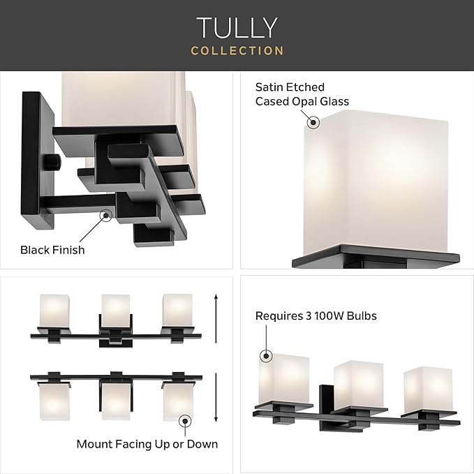 Kichler Tully 24" 3-Light Bathroom Vanity Light Fixture with Satin Etched Cased Opal Glass in Black for Over Mirror, Soft Modern Style (24" x 6.5" x 7"), 45151BK