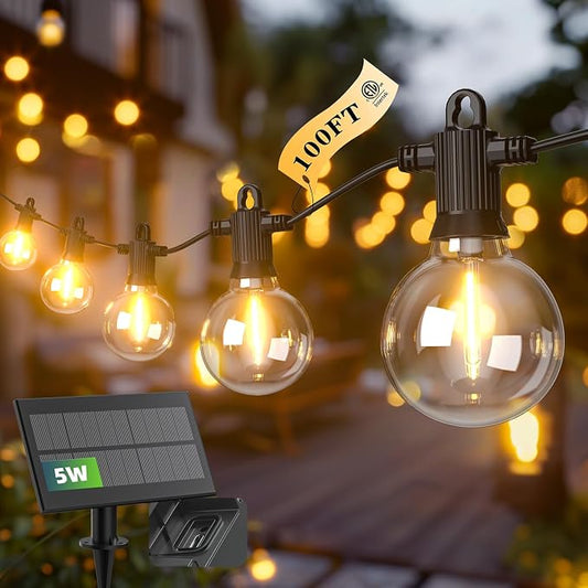 Kawaya 100FT Solar Outdoor String Lights, USB Charging & Solar Powered, IP65 Waterproof Shatterproof Edison Hanging LED Lights for Patio Garden Porch Fence Camping Party