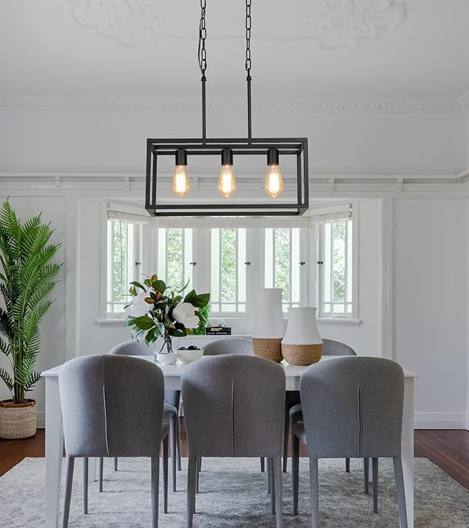 AMZASA 3-Light Black Linear Chandelier Modern Rectangle Farmhouse Dining Room Light Fixture for Kitchen Island Bar UL Listed