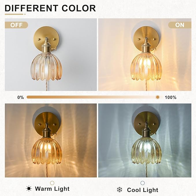 Plug in Wall Sconce, Vintage Sconce Light with Tulip Amber Glass Lampshade, Bedside Wall Sconce with Switch and Plug in Wall Lamp Cord, Gold Wall Light for Bedroom