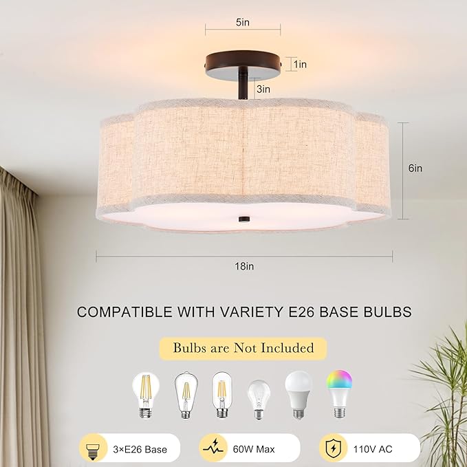 18" Semi Flush Mount Ceiling Light 3-Light Modern Linen Drum Ceiling Lighting with Chrome Finish, Vintage Ceiling Light for Living Room, Kitchen, Basement, Laundry Room, Bedroom