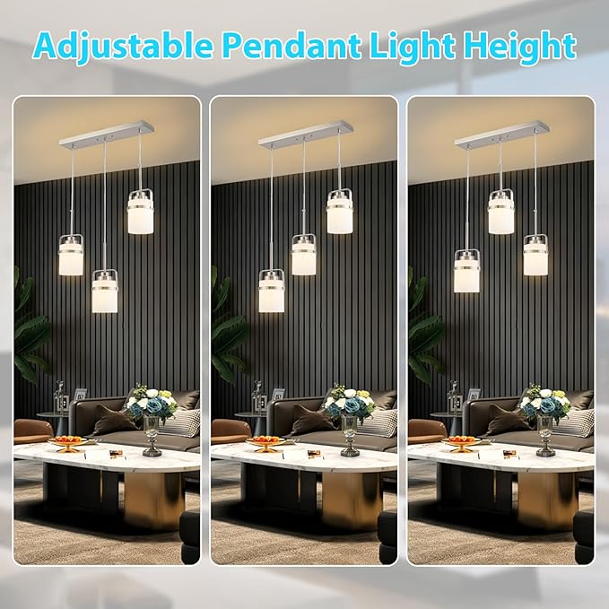 Nickel 3-Light Pendant Lighting, Adjustable Hanging Light Fixture with Milk Glass Shade, Modern Pendant Light for Kitchen Island Dining Room Bar Over Sink/Table/Counter