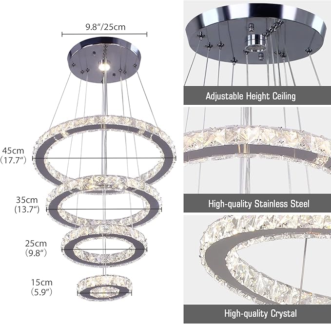 Dixun Crystal Chandeliers Modern LED Rings Pendant Light Adjustable Stainless Steel Ceiling Light Fixture for Living Room Dining Room Bedroom (Dimmable)