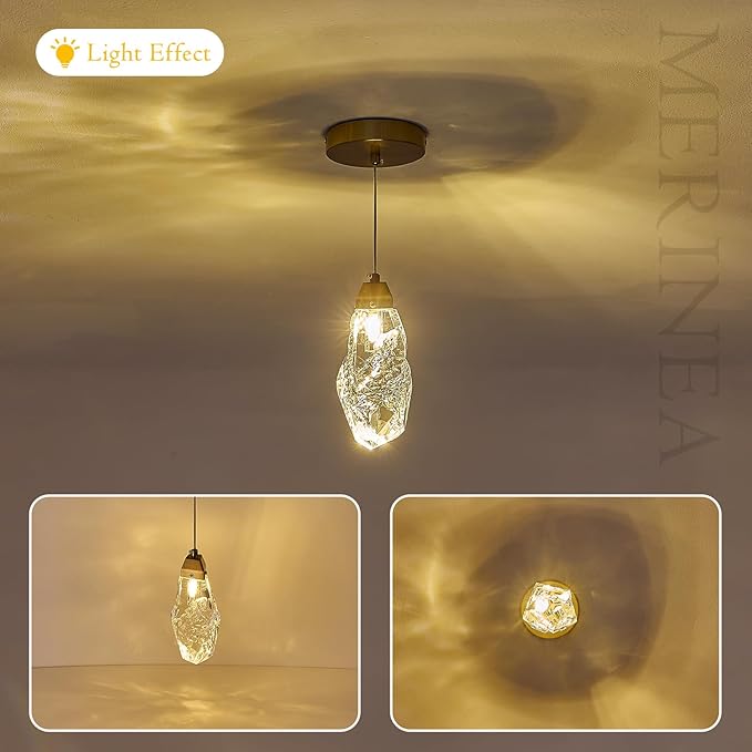 Gold Crystal Pendant Light, Modern Mini Hanging Ceiling Light with Prism K9 Crystals, LED Compatible Small Chandelier for Kitchen Island, Bathroom, Bedroom, Bar, Hallway, Foyer