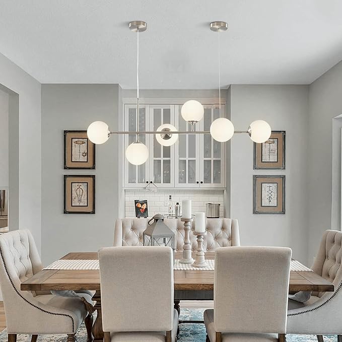 BOKT Modern 6-Light Ceiling Pendant Lighting Mid-Century Large Globes Sputnik Chandelier Brushed Nickel Milk Glass Globe Linear Pendant Light Dining Room Flush Mount Ceiling Lamp