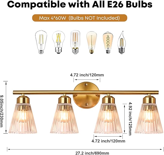4-Light Bathroom Vanity Light, Brushed Gold Bathroom Light Fixtures Over Mirror with Stripe Glass, Modern Wall Lamp, Wall Sconces Lighting for Living Room Bedroom Kitchen Hallway