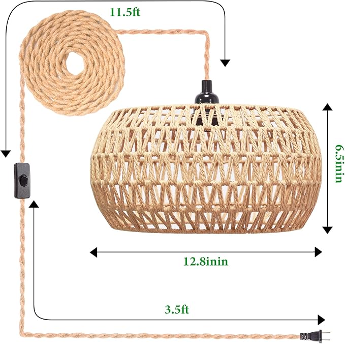 Plug in Pendant Light Rattan Hanging Lamp Pendant Light with on/Off Switch Rattan Woven Shade Hanging Lamp Plug in for Living Room Bedroom Farmhouse